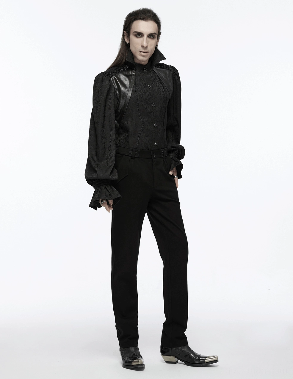 Black gothic puff sleeve shirt detail view showing gem buttons and woven fabric glossy finish
