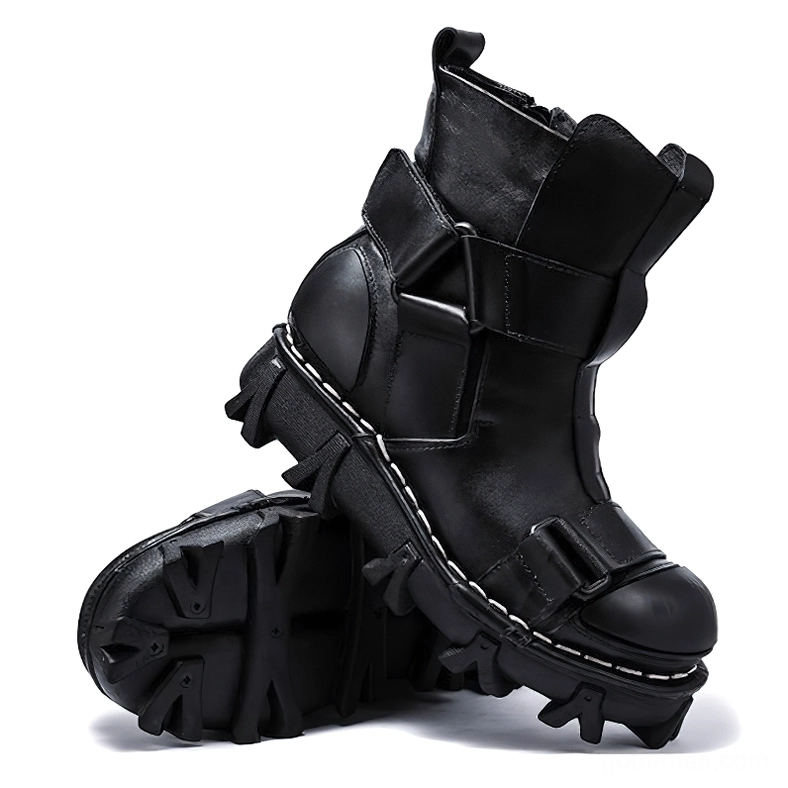 Black gothic punk leather ankle boots with buckle straps and polished toe cap, chunky rubber lug sole - side and bottom view