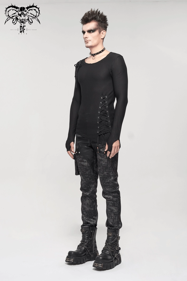 Black gothic punk cargo pants with distressed details and leather paneling, side angle display view