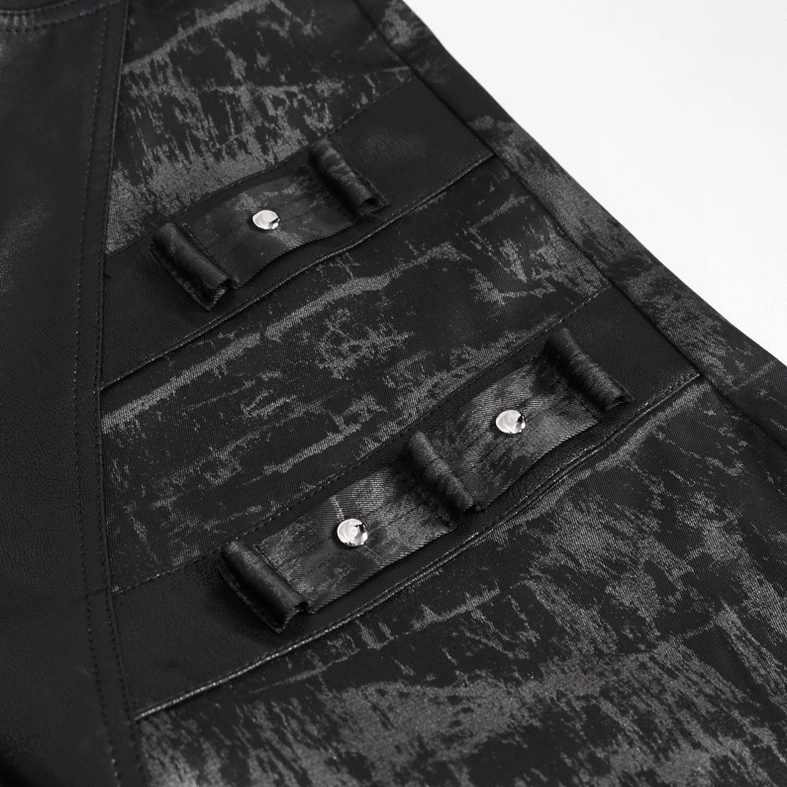 Black gothic punk cargo pants with metal accents and leather trim, angled product display view