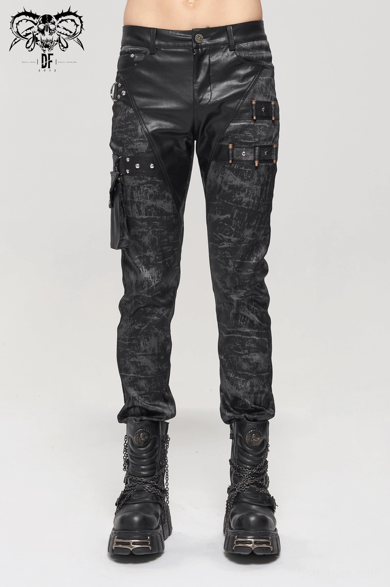 Black gothic punk cargo trousers with metal hardware and detachable pocket feature, styled display