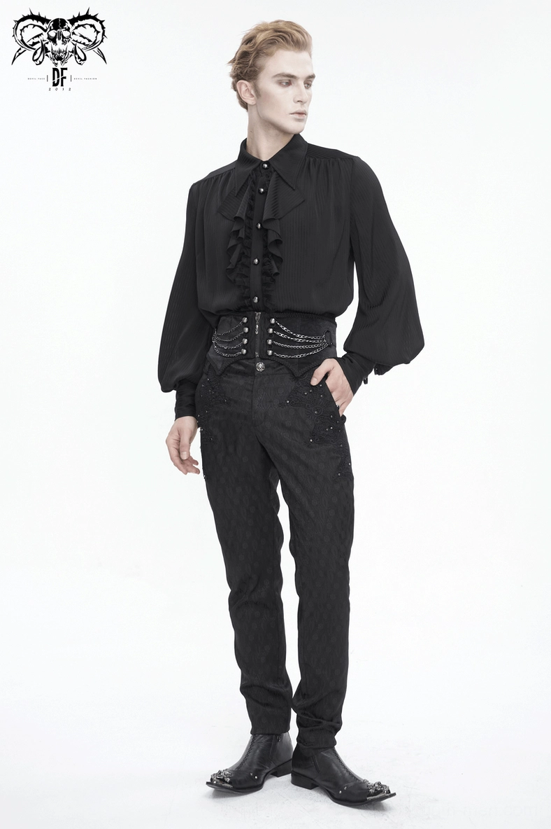 Full view of black gothic punk corset belt featuring irregular cut and multi-chain design