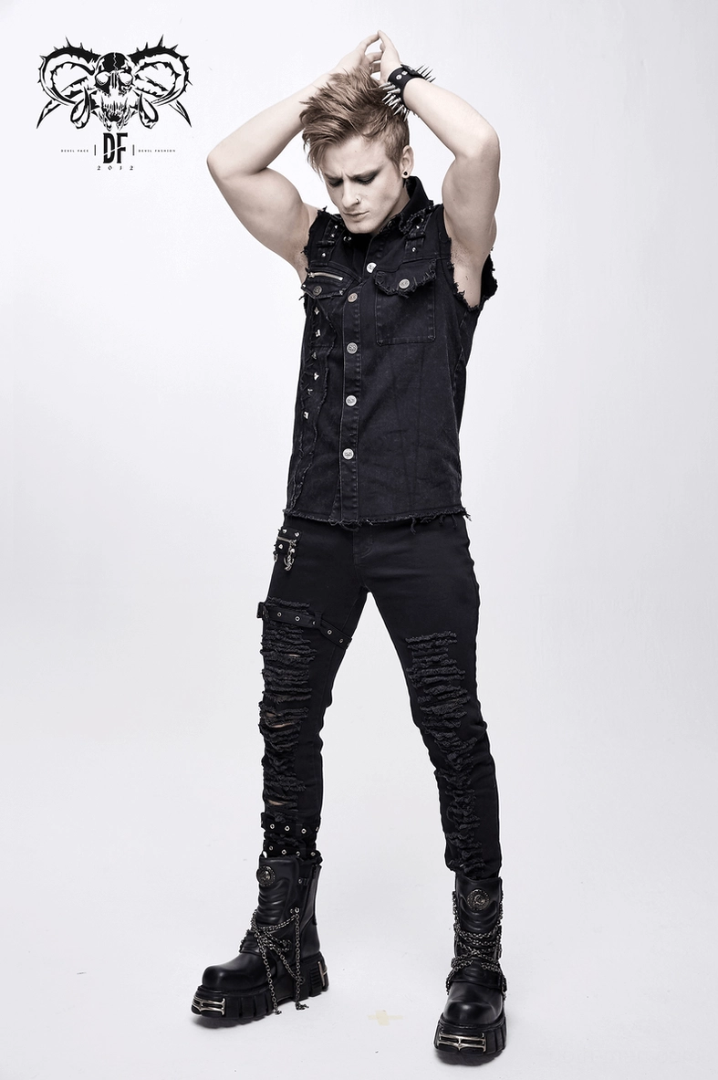 Black gothic punk denim vest showing structural fit and shoulder strap studded design