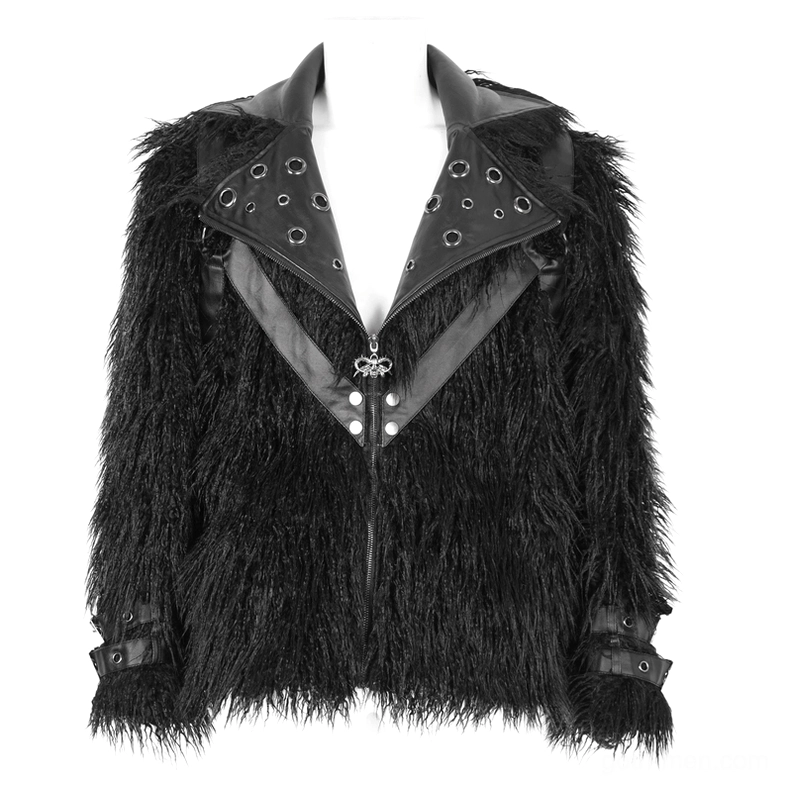 Black gothic punk faux fur jacket front display on mannequin with metal zipper and lapel eyelets