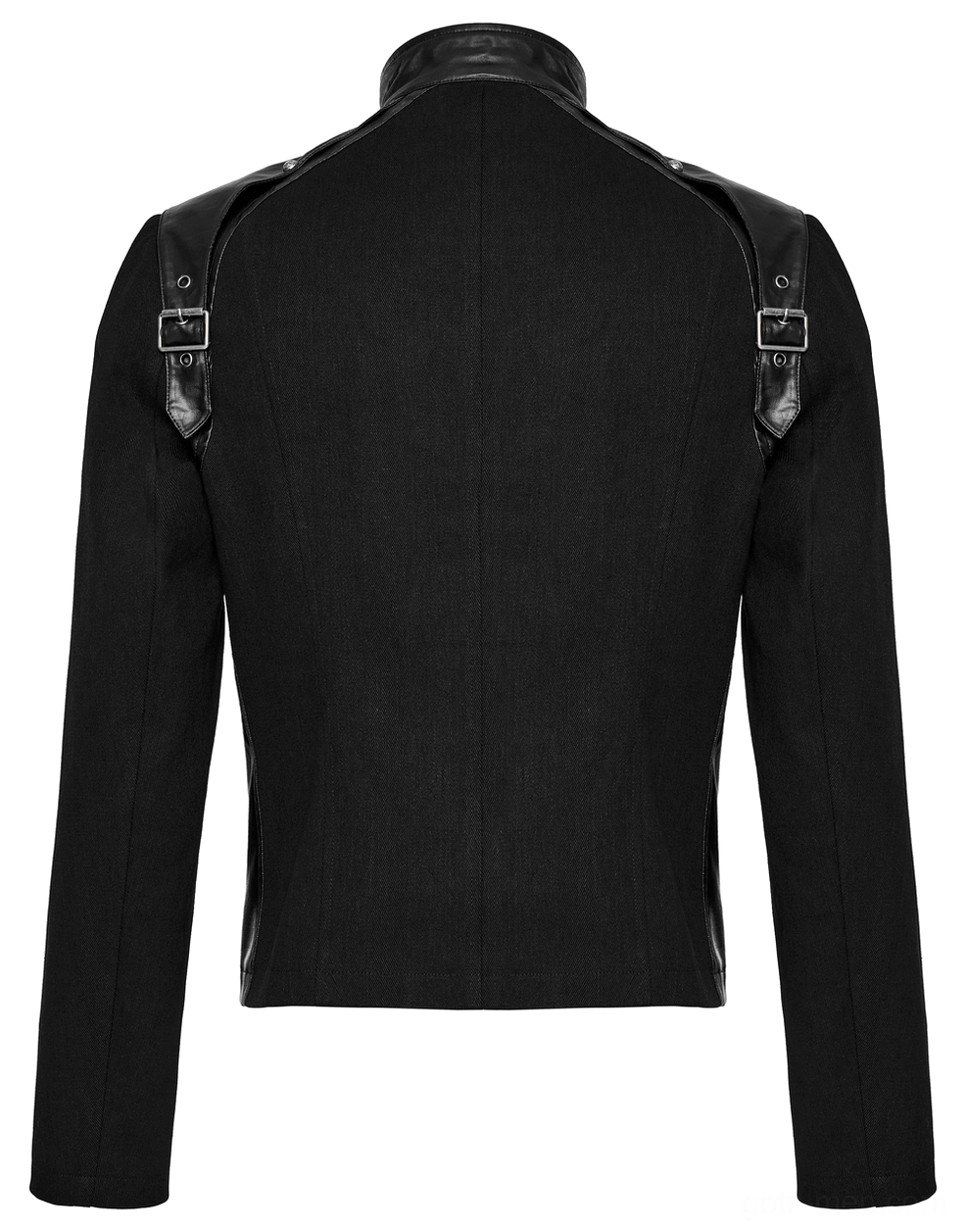 Black gothic punk jacket back flat lay, displaying stand collar detail and shoulder strap hardware arrangement