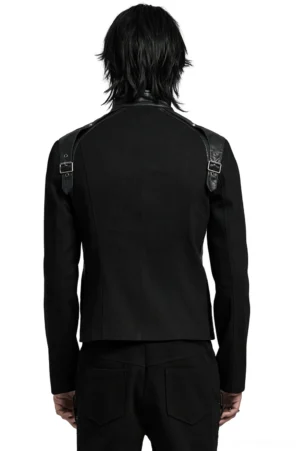 Black gothic punk jacket back view on male model, revealing shoulder harness straps and fitted silhouette