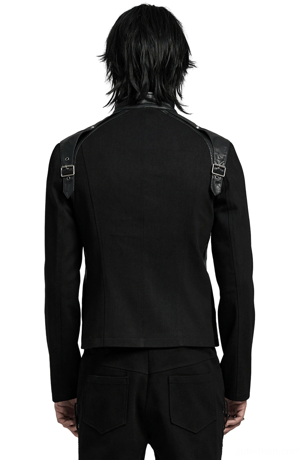 Black gothic punk jacket back view on male model, revealing shoulder harness straps and fitted silhouette