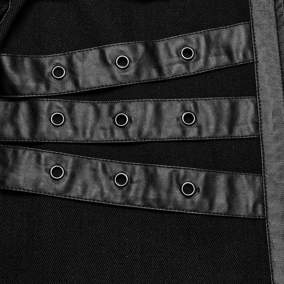 Black gothic punk jacket eyelet strap close-up detail, showing metal eyelets and reinforced leather attachment points
