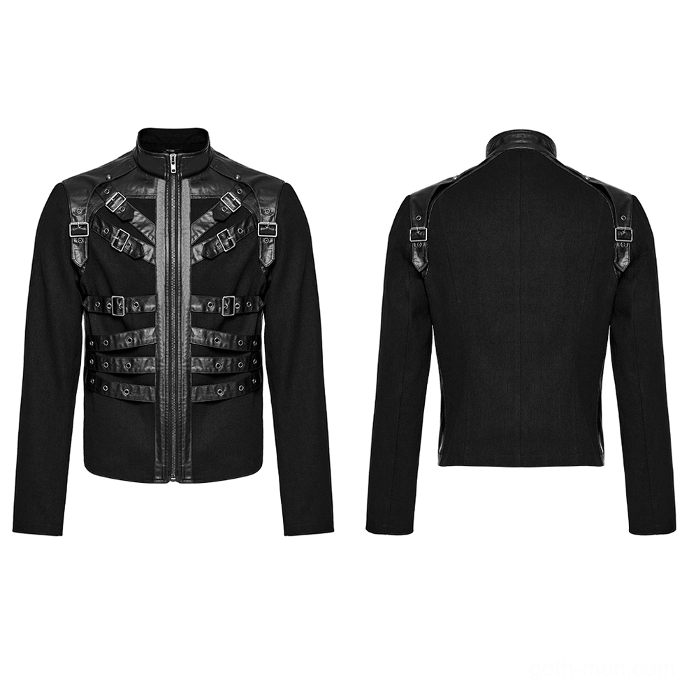 Black gothic punk jacket flat lay dual view front and back, displaying eyelet details and full jacket construction
