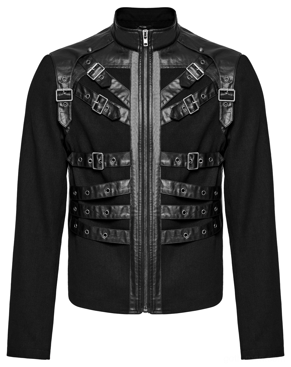 Black gothic punk jacket front flat lay detail, emphasizing central front zipper, stand collar, and buckle placement