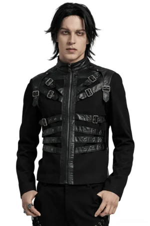 Black gothic punk jacket front view on male model, showing metal buckles, eyelet straps, and front zipper closure