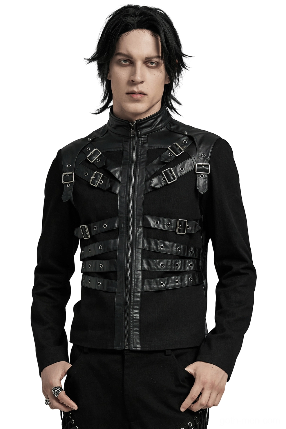 Black gothic punk jacket front view on male model, showing metal buckles, eyelet straps, and front zipper closure