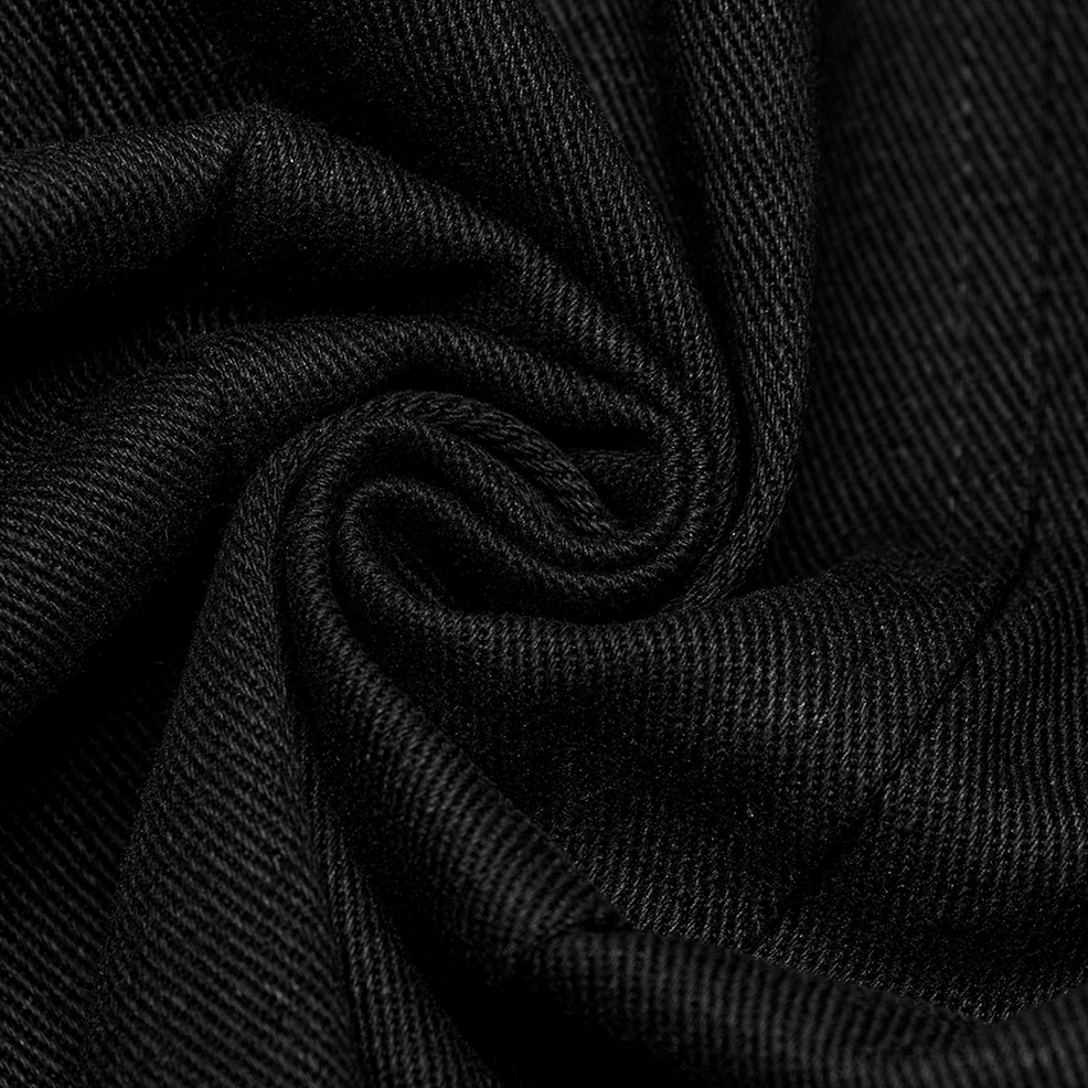 Black gothic punk jacket hardware detail showcase, featuring metal buckles, eyelets, and industrial fasteners