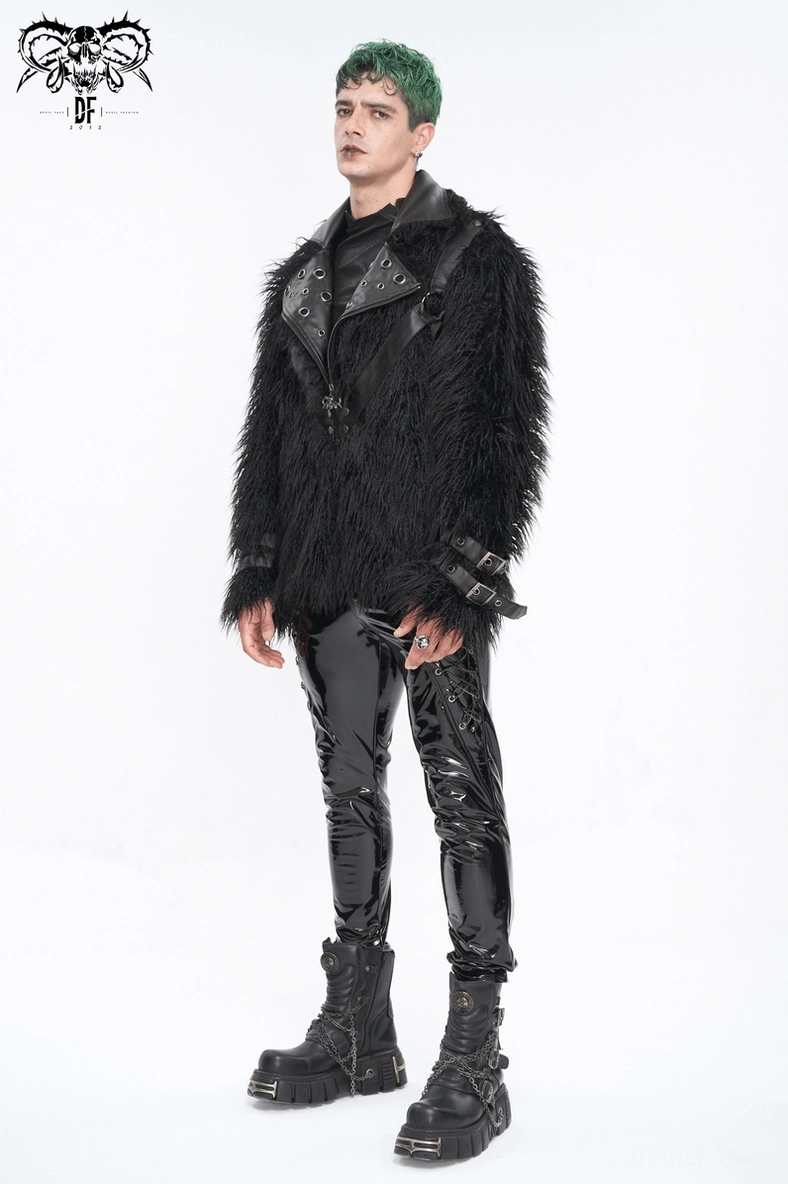 Black gothic punk faux fur jacket with metal eyelets on leather lapel collar
