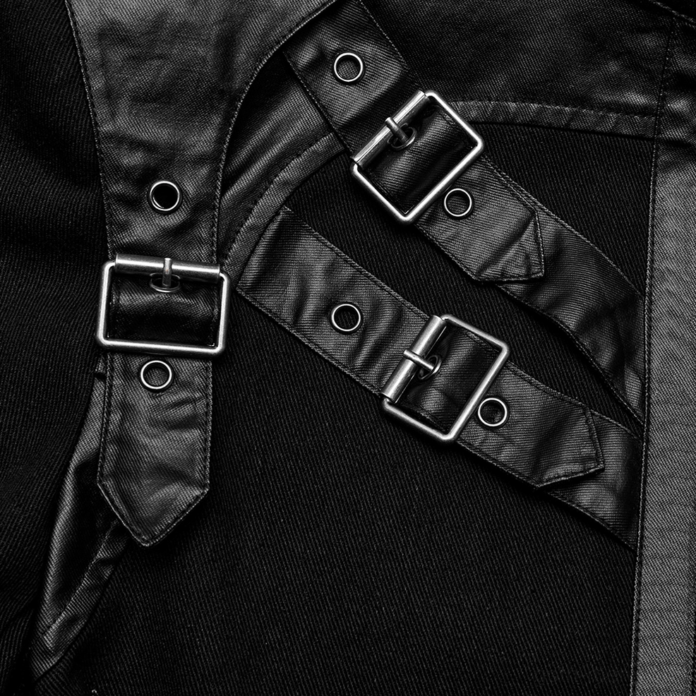 Black gothic punk jacket metal buckle close-up detail, featuring stitched leather and pin-style fastening