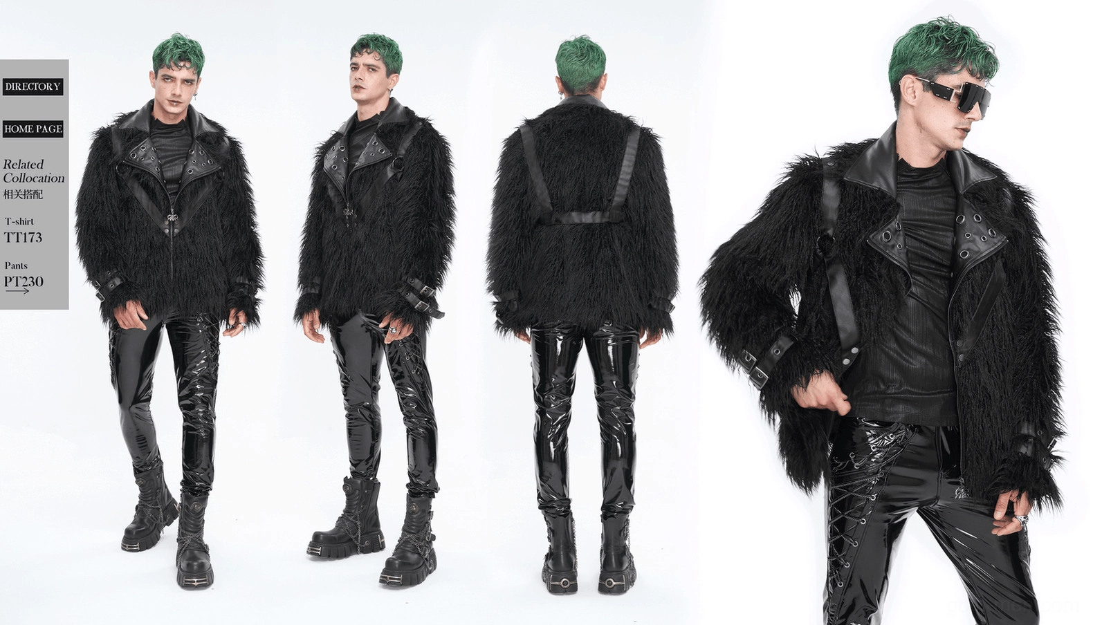 Black gothic punk faux fur jacket with metal eyelets and decorative hardware details