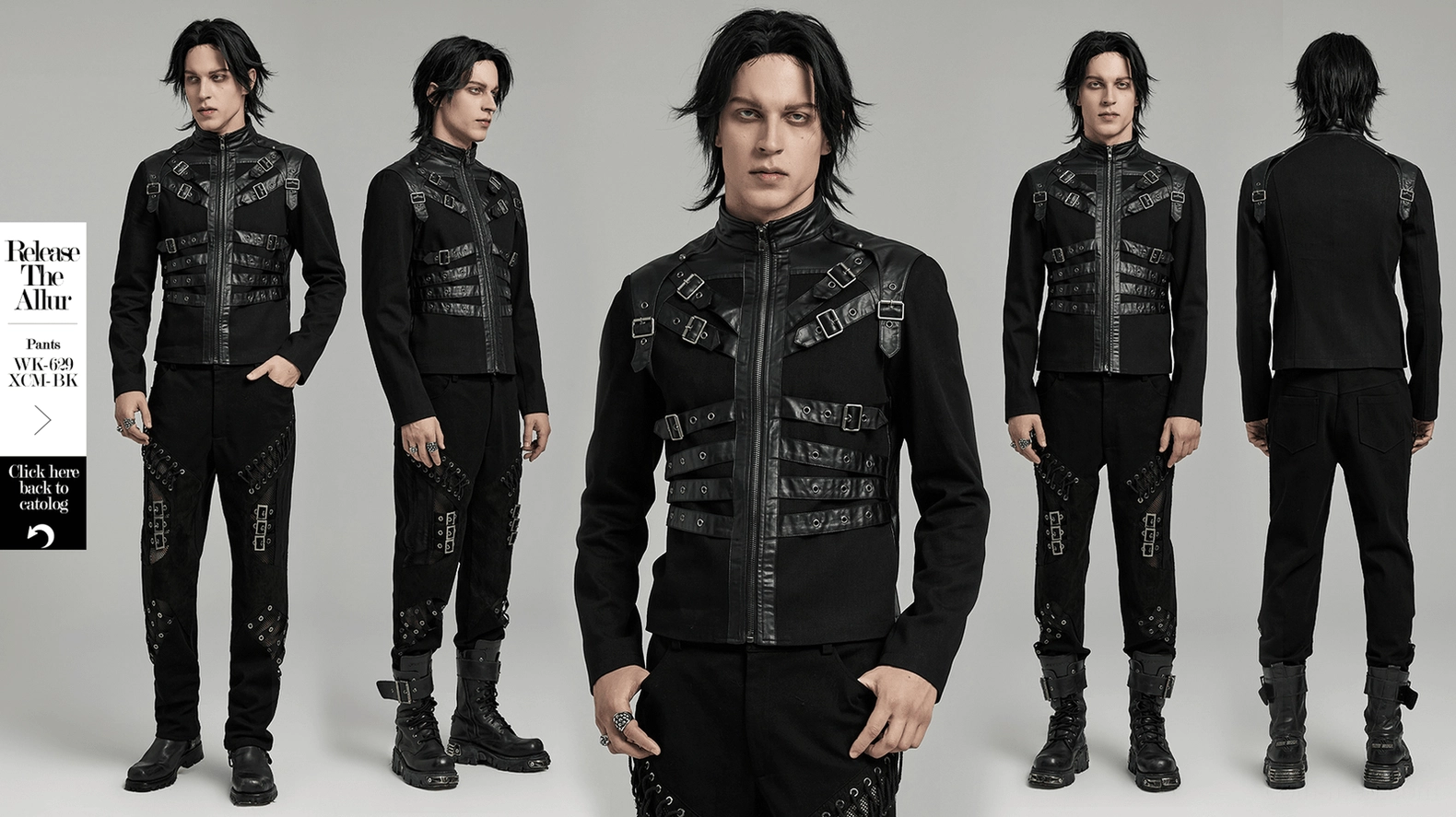 Black gothic punk jacket side flat lay, showing fitted construction and rubberized woven fabric characteristics