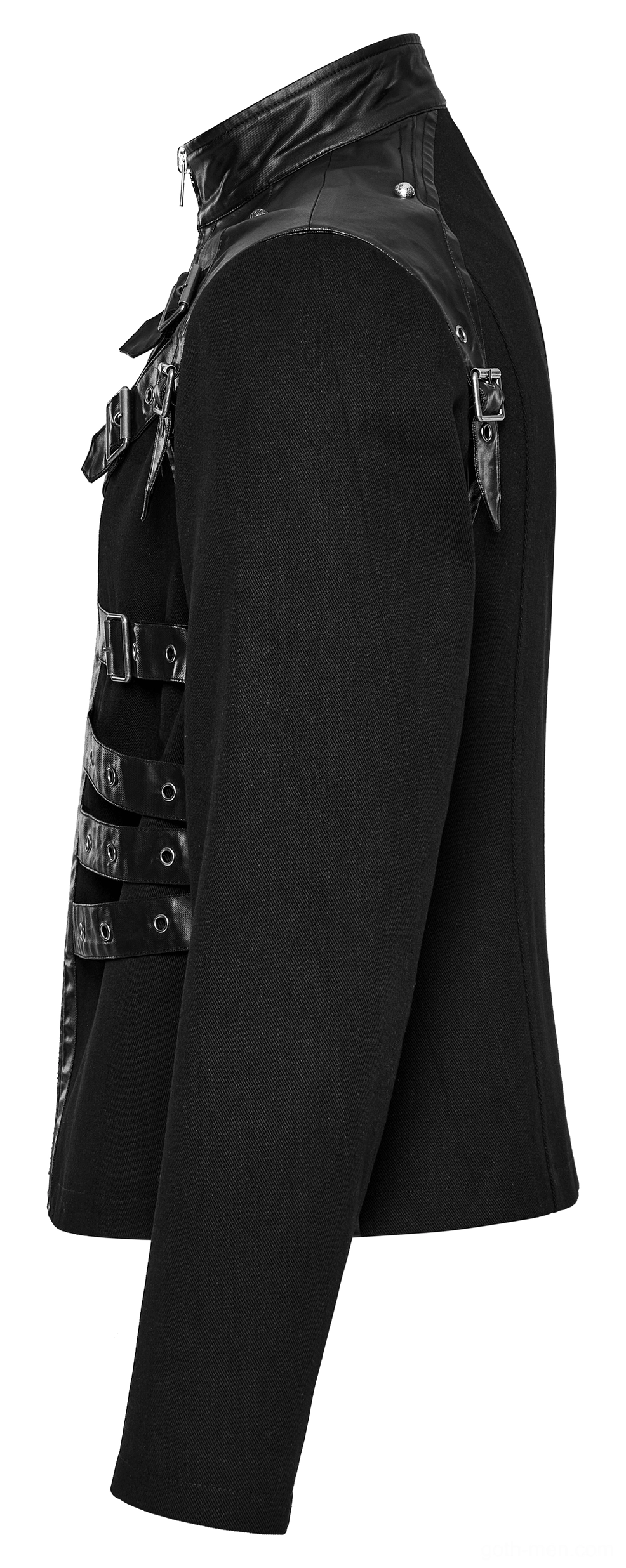 Black gothic punk jacket side profile flat lay, showcasing slim silhouette and shoulder leather panel accents