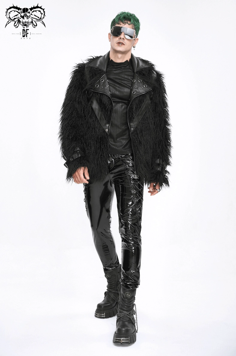 Black faux fur gothic punk jacket sleeve and cuff showing buckle strap details