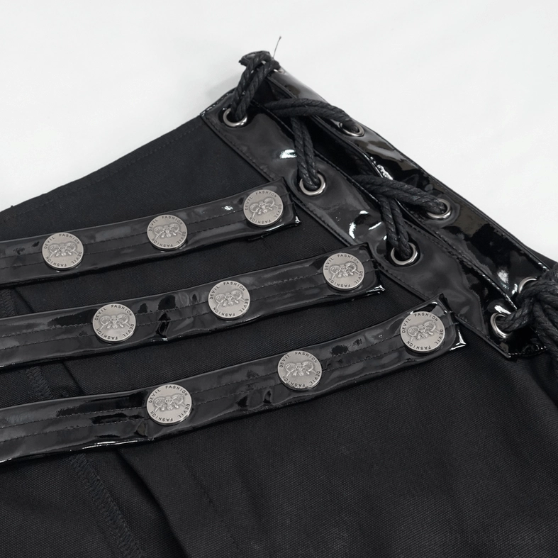 Flat lay presentation of black gothic punk kilt with all hardware and clasp details visible and highlighted