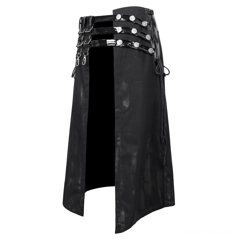 Front flat lay detail of gothic kilt skirt showing round rivet placement, split front panel, and patent leather waistband