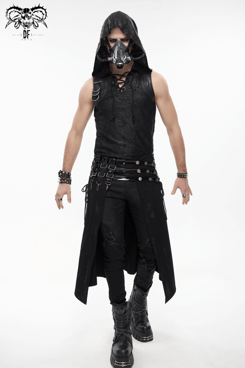 Male punk model in hooded black gothic outfit with kilt skirt and face mask – full body front perspective