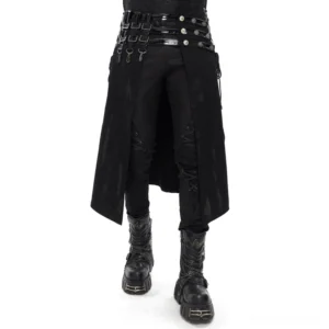 Male model wearing black gothic punk leather kilt skirt with rivet and clasp accents – full body front view in studio