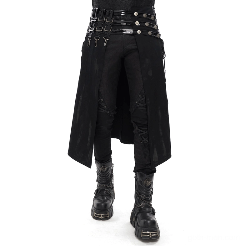 Male model wearing black gothic punk leather kilt skirt with rivet and clasp accents – full body front view in studio
