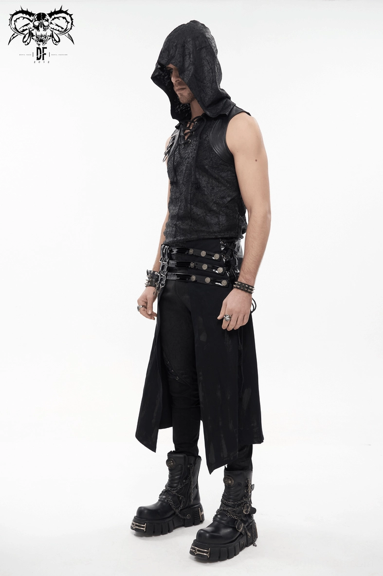 Product showcase of black gothic men's kilt displaying overall silhouette, fit, and leather texture quality