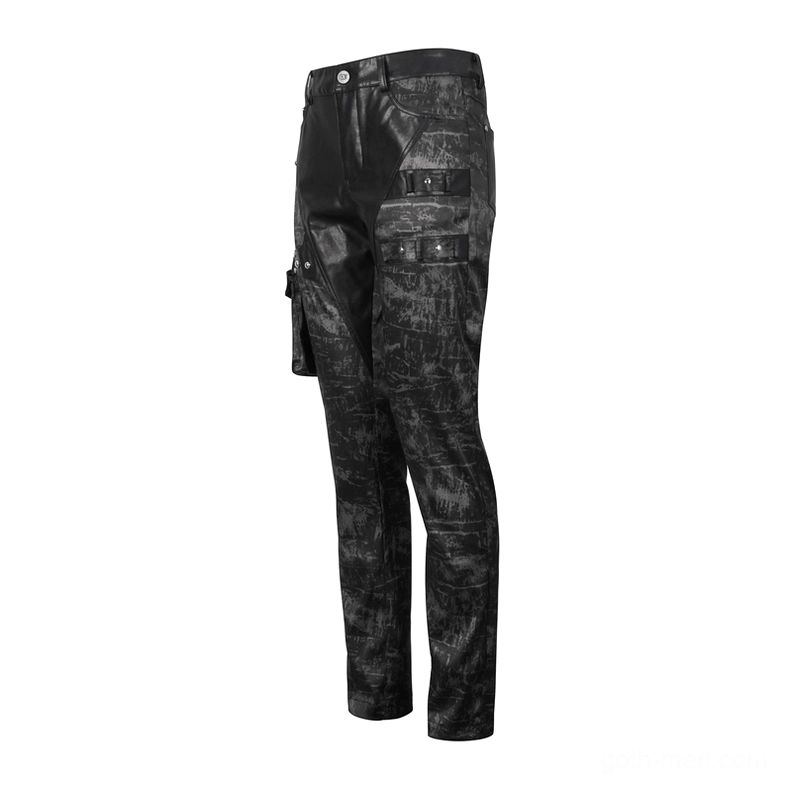 Men's black gothic punk cargo pants with side pocket and leather panel, side profile view