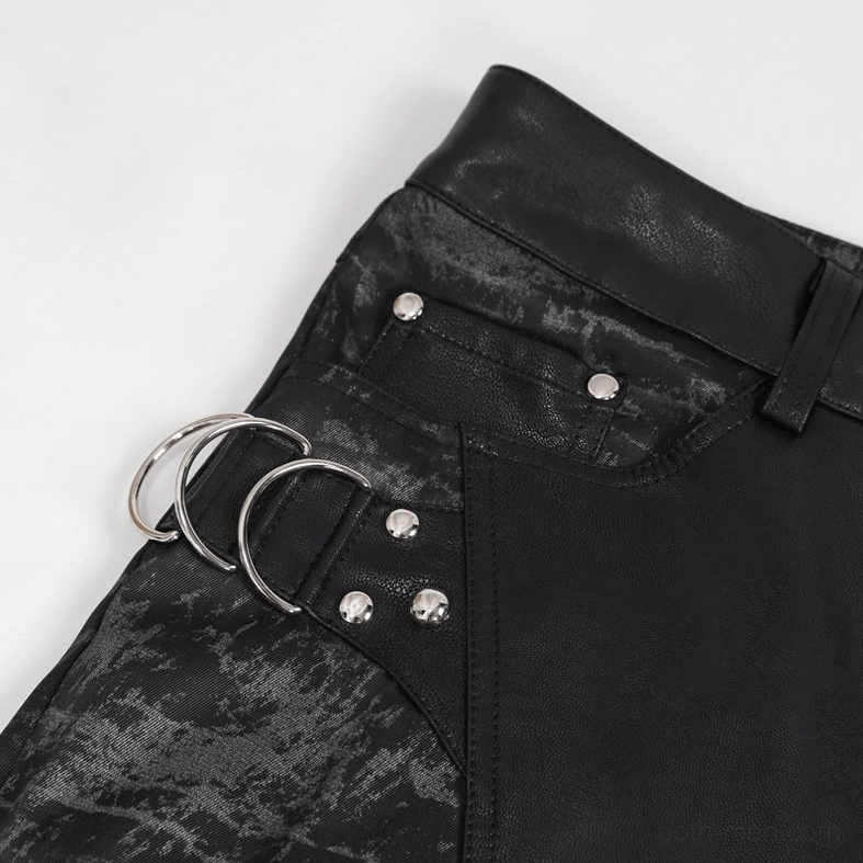 Men's black gothic punk cargo pants with synthetic leather accents and reinforced stitching detail view