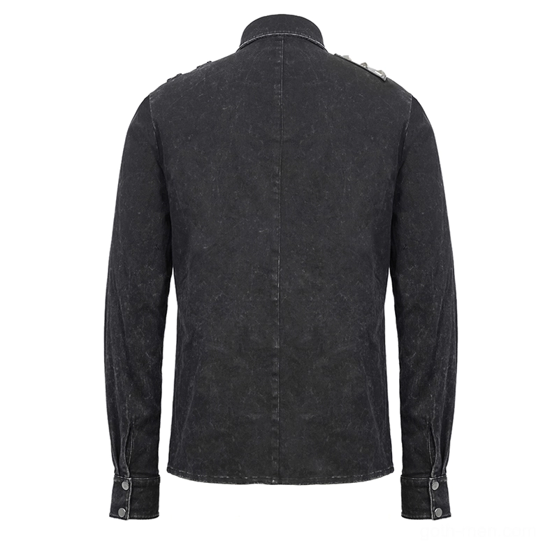 Black gothic punk shirt rear full product view showing distressed washed black fabric finish and strap system