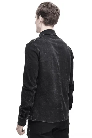 Black gothic punk shirt rear back view showing distressed washed fabric finish and leather strap placement on male model