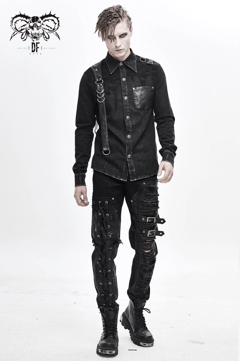 Black gothic punk shirt back shoulder detail highlighting PU leather strap placement and metal hardware arrangement
