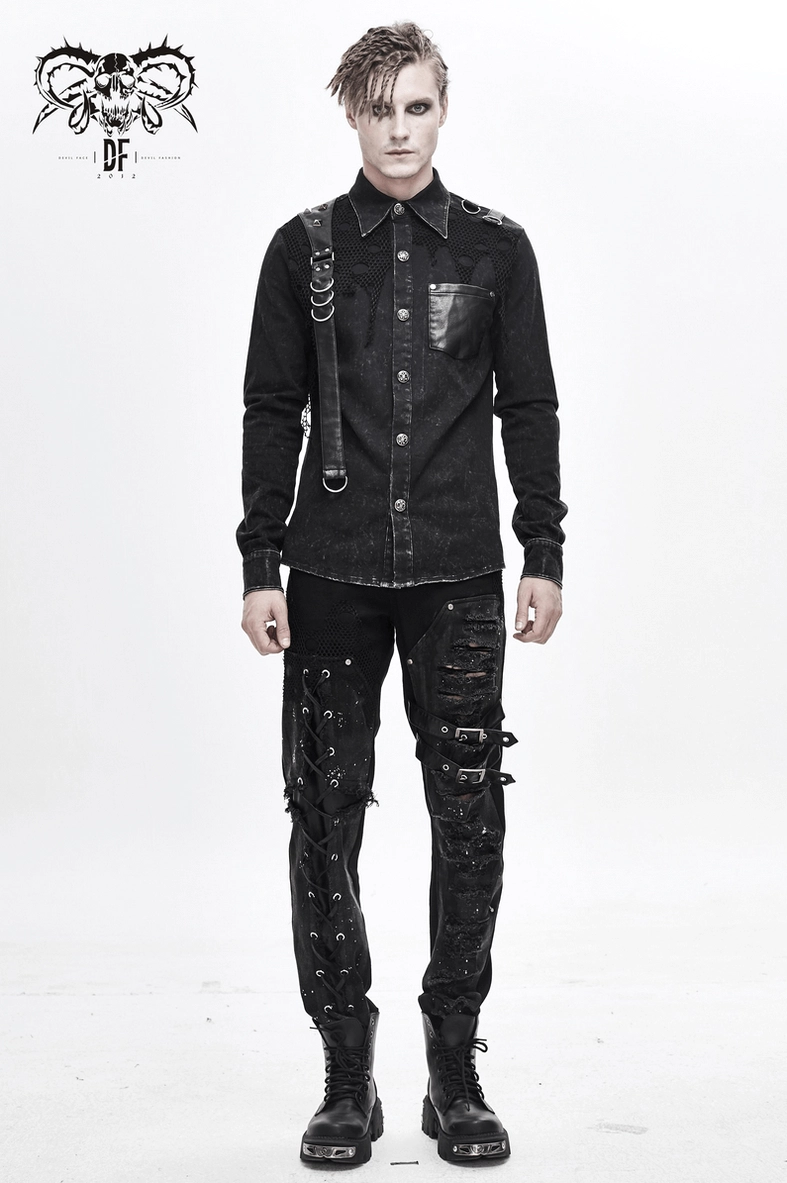 Black gothic punk shirt detail shot of chest area showing leather pocket flap and metal button configuration