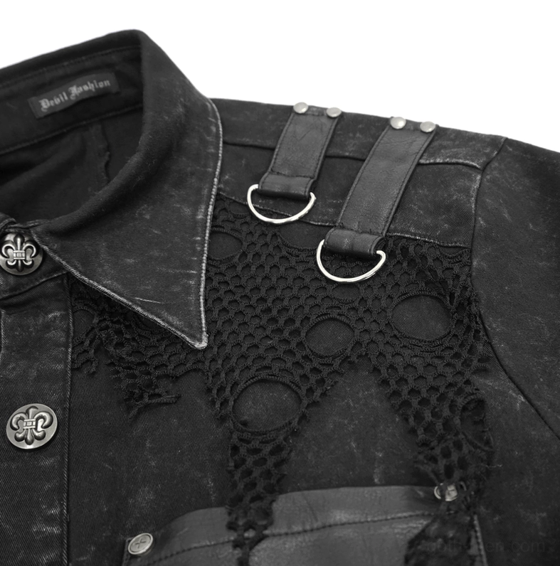 Close-up detail of black gothic punk shirt collar, torn mesh and PU leather D-ring straps with branded decorative buttons