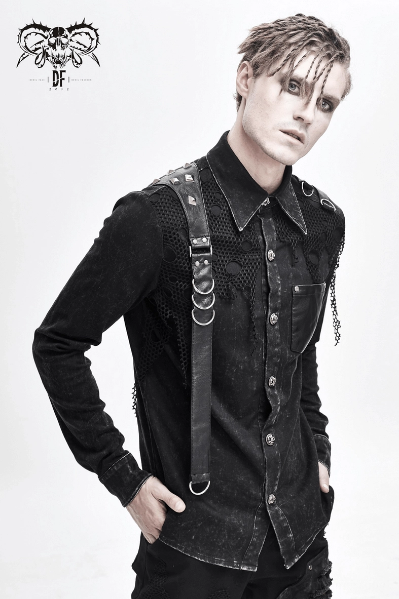 Black gothic punk shirt full product display showing complete design with leather straps, torn mesh and metal hardware arrangement