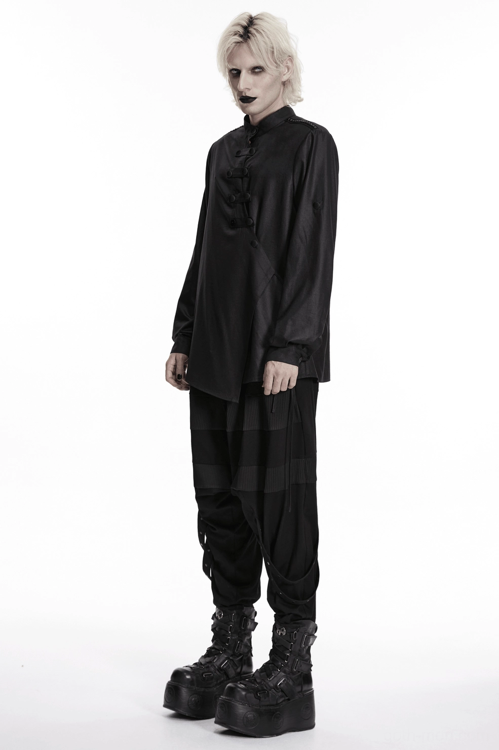 Black gothic punk shirt laying flat showing overall construction, placket detail, and hardware strap placement