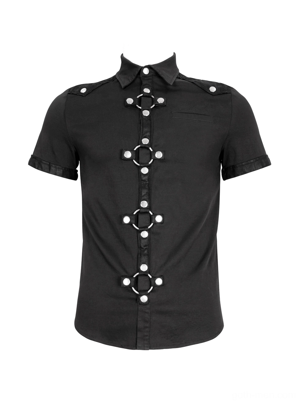 Black gothic punk shirt flat lay front view displaying metal buckle trim, leather shoulder epaulets, and fitted silhouette
