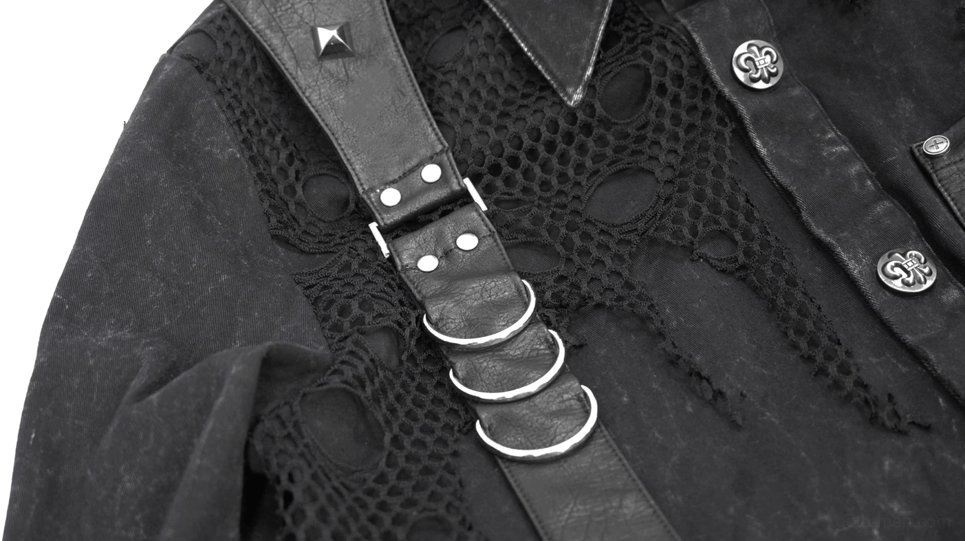 Close-up front detail of black gothic punk shirt featuring multi-ring metal straps and torn mesh fabric with hardware