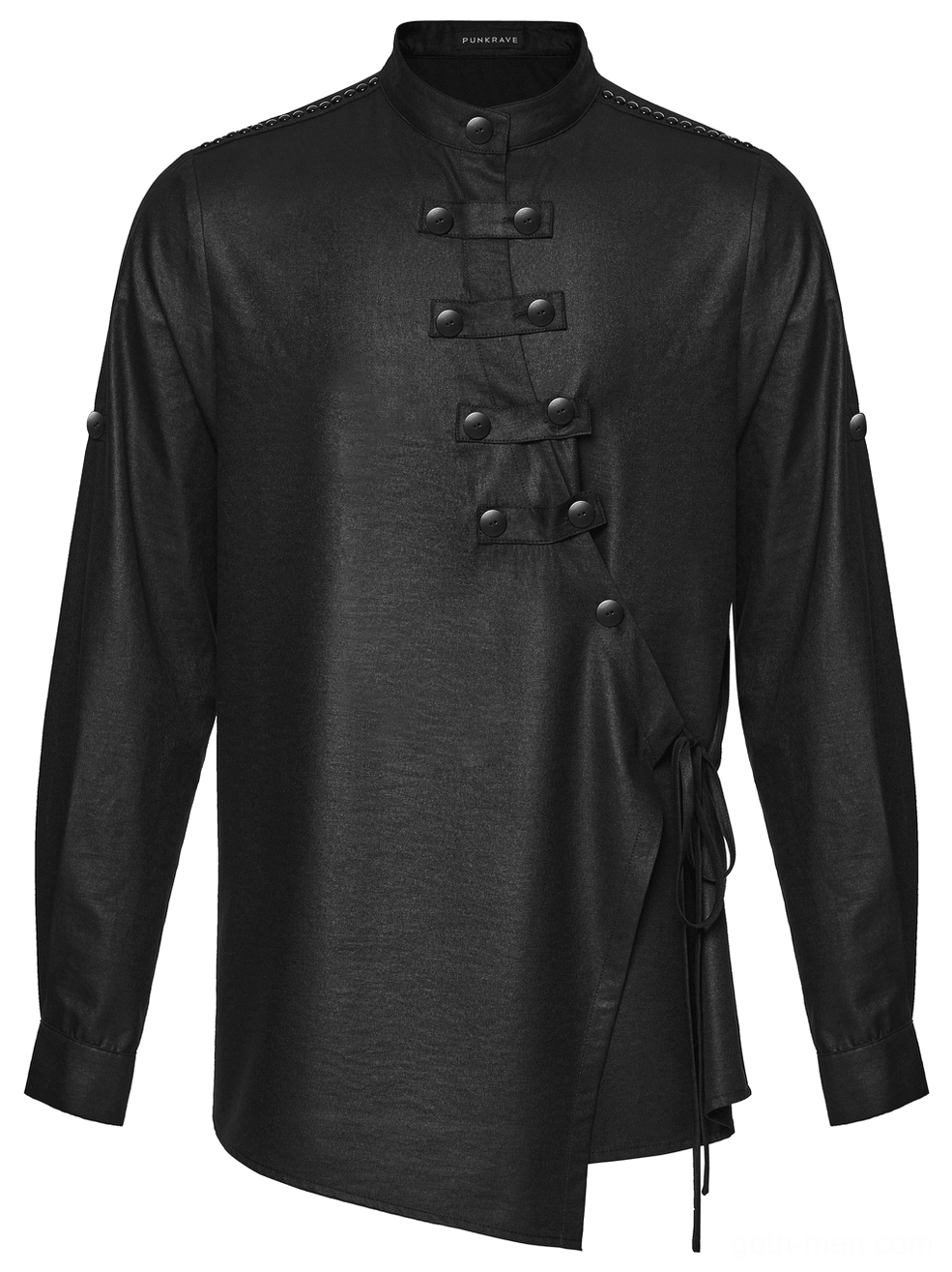 Black gothic punk shirt front flat lay showing asymmetrical hem and full long sleeve construction