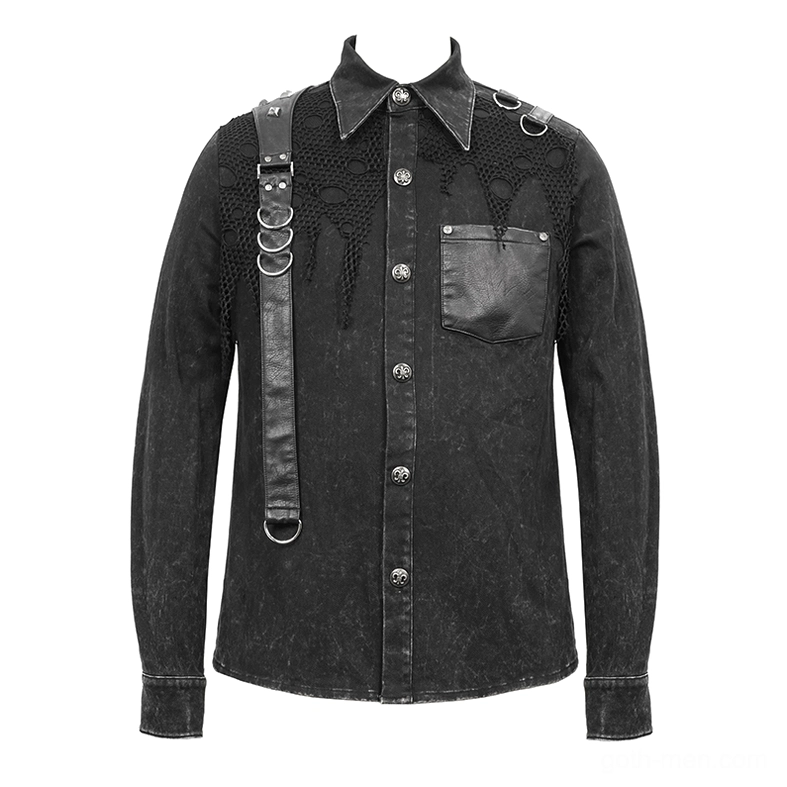 Black gothic punk shirt front full product display with torn mesh panels, PU leather chest pocket and metal clasps detail