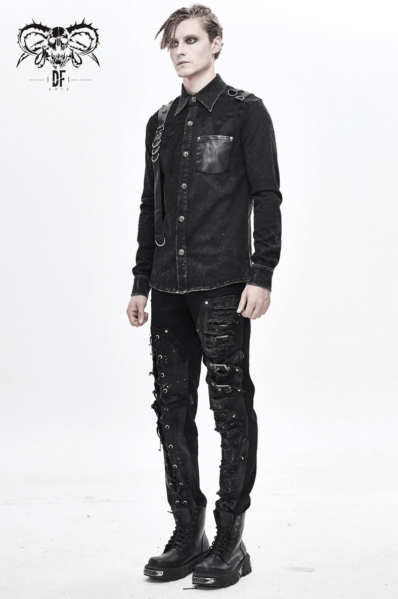 Black gothic punk shirt front lower detail showing torn mesh integration with leather strap system and metal clasps