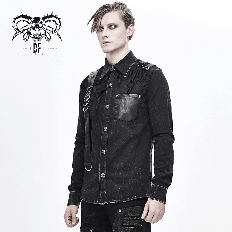 Black gothic punk shirt front upper body detail focusing on leather flap design and metal stud ornamentation