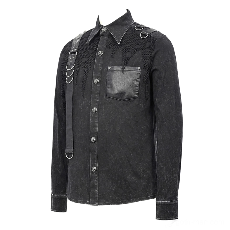 Black gothic punk shirt front full display featuring branded metal buttons and torn mesh panel with leather attachments