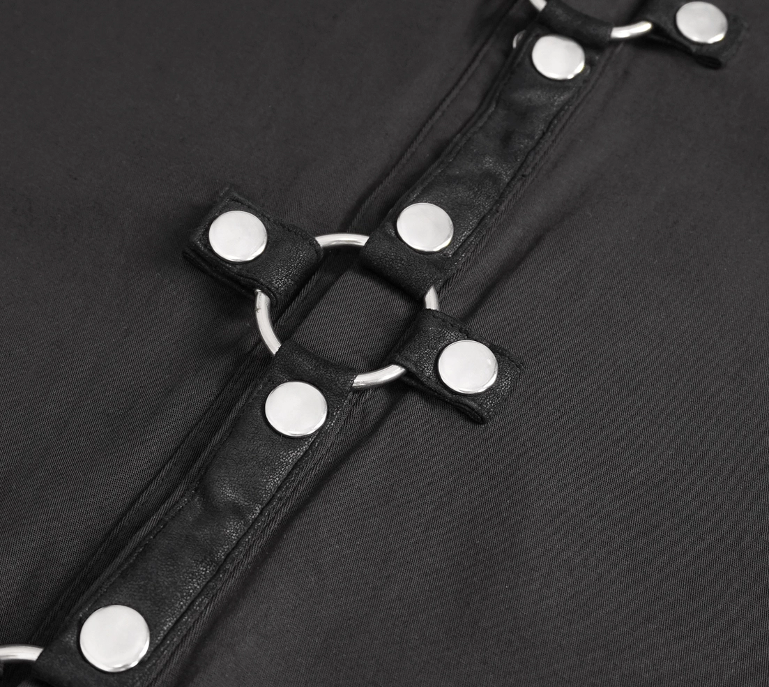 Full body flat lay of black gothic punk short sleeve shirt showing overall fitted silhouette and hardware placement