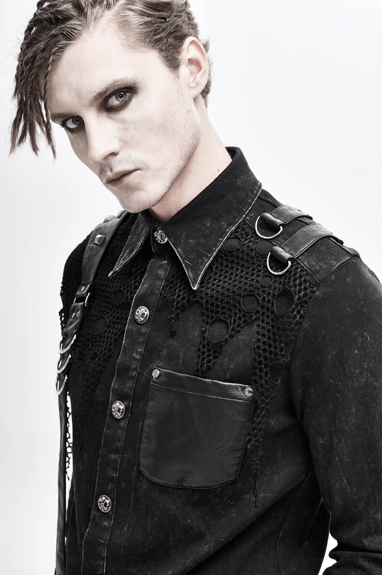 Black gothic punk shirt hardware close-up showing metal clasp, rivet and D-ring details on PU leather straps
