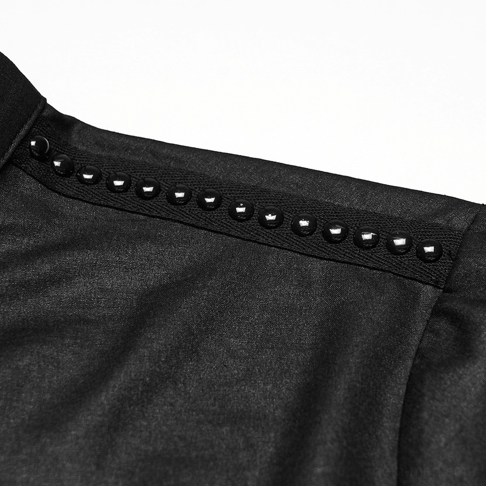 Black gothic punk shirt detail view emphasizing hardware strap construction and rivet placement on shoulder accent