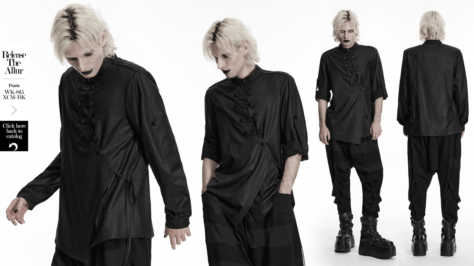 Black gothic punk shirt showing complete hardware strap system and adjustable side fastening mechanism