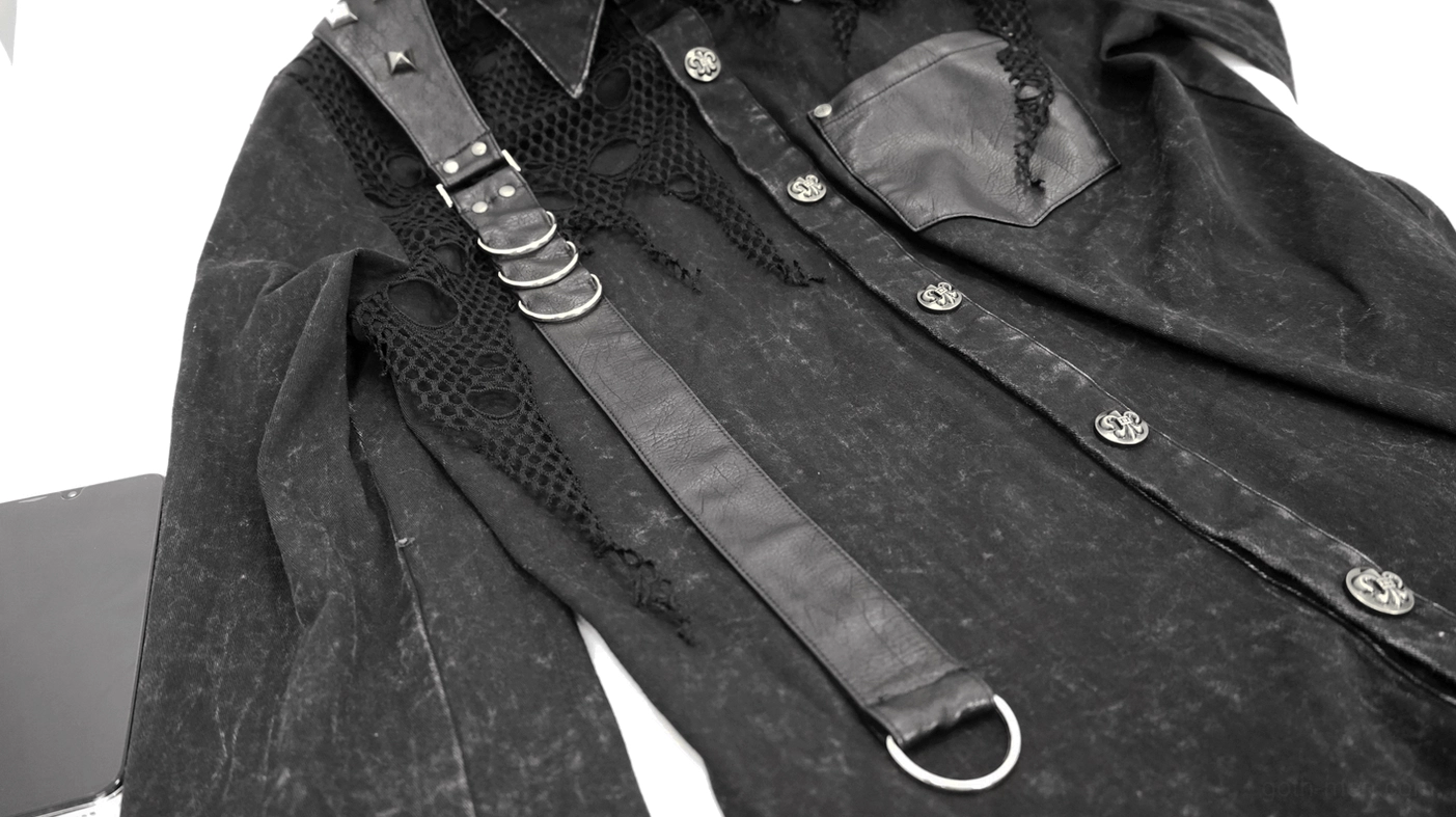 Black gothic punk shirt detailed view of leather strap configuration and metal rivet attachments on front panel